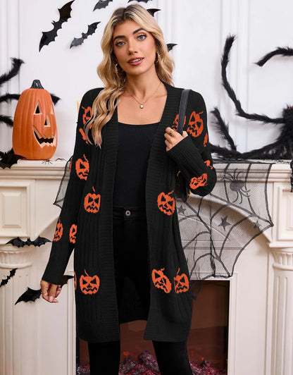 Women's black Halloween cardigan with orange pumpkin head jacquard pattern, regular sleeves, medium 65cm length