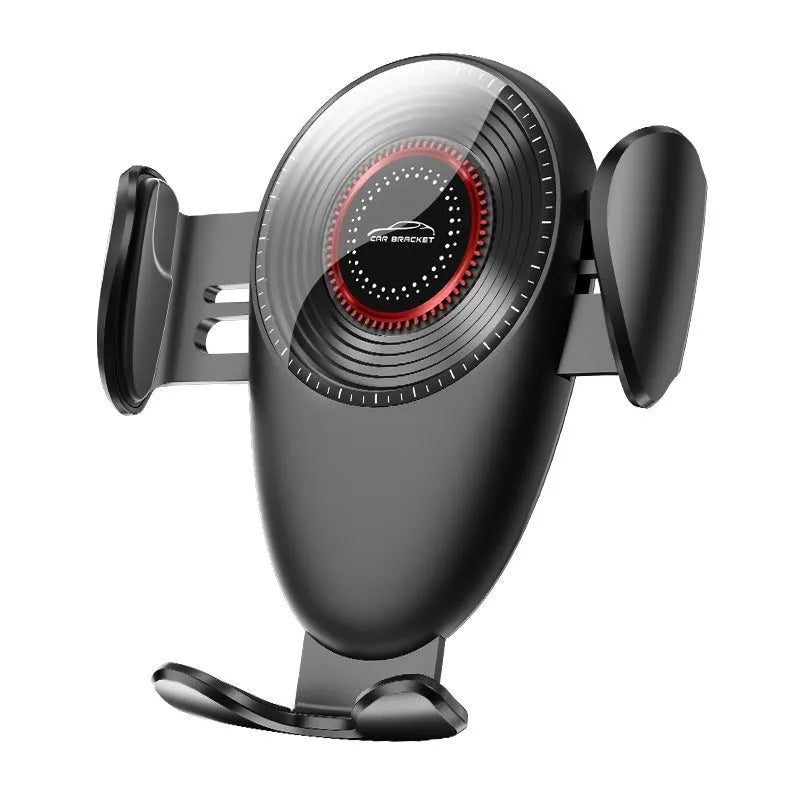 Black car mobile phone bracket mounted on vehicle air vent with adjustable phone grip mechanism