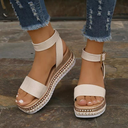 Women's summer sandals with buckle strap and hemp wedges in white, black, and apricot
