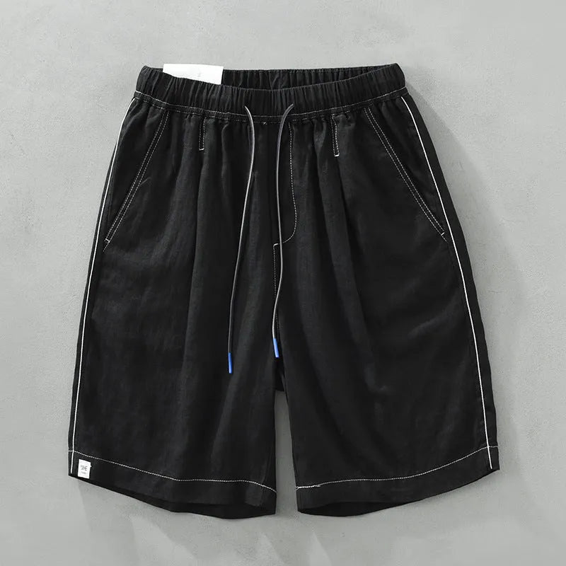Men's linen shorts in loose straight drooping style with drawstring waist in green colour