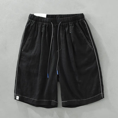 Men's linen shorts in loose straight drooping style with drawstring waist in green colour