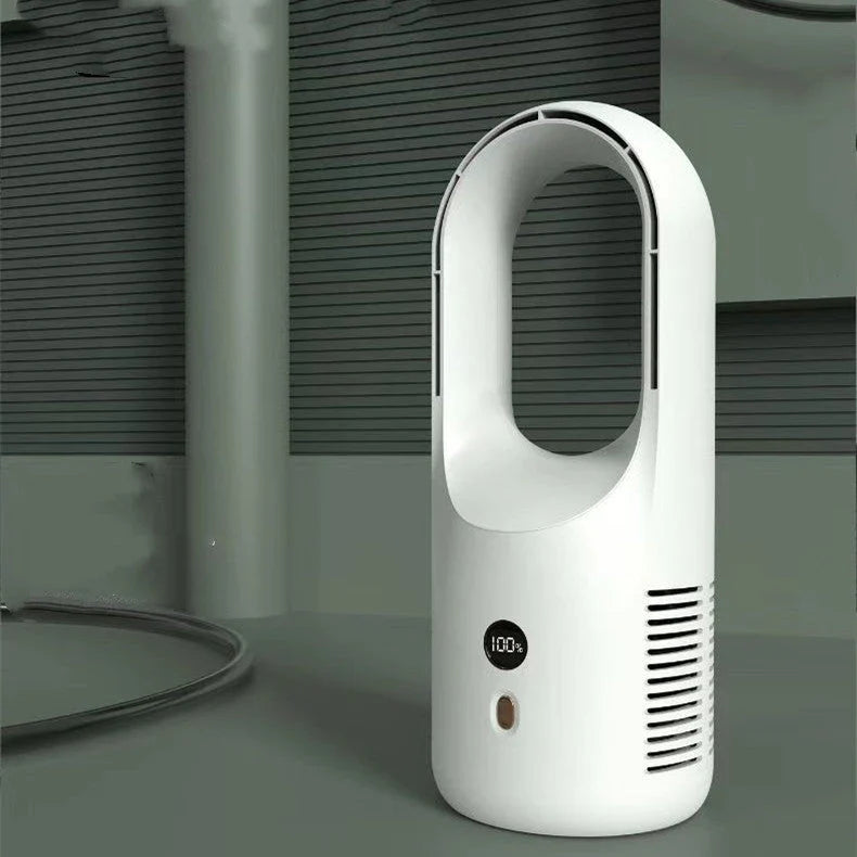 Ultra-quiet bladeless fan with adjustable settings, 360-degree air circulation, and rechargeable battery for desk or home use