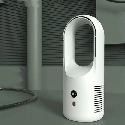Ultra-quiet bladeless fan with adjustable settings, 360-degree air circulation, and rechargeable battery for desk or home use