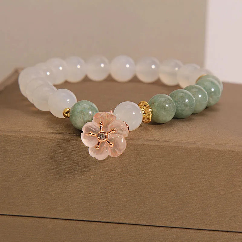 Women's floral jade agate crystal bracelet with white agate stones and pink accents