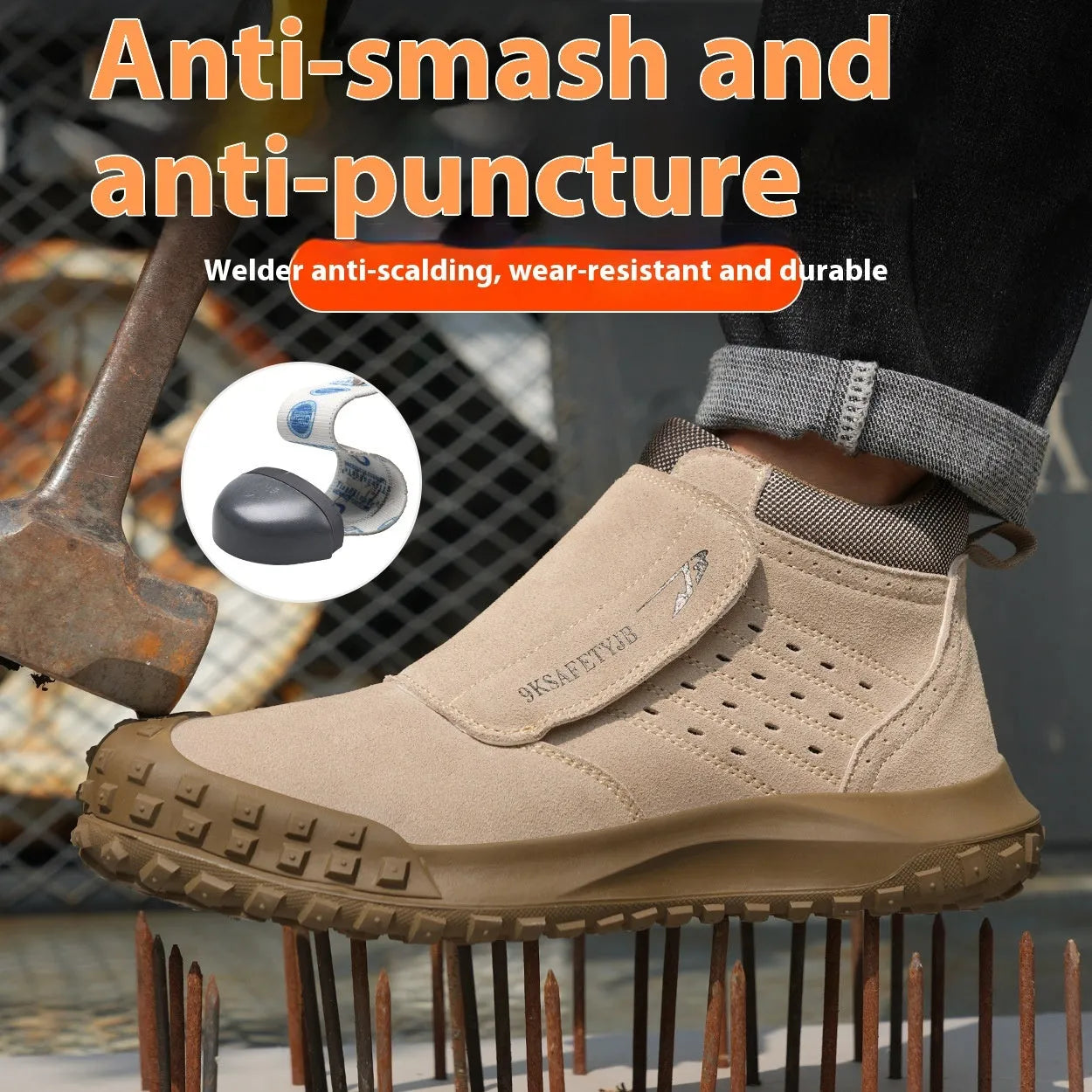 Low-top welder safety work shoe in sand colour with steel toe cap and lace-up front.