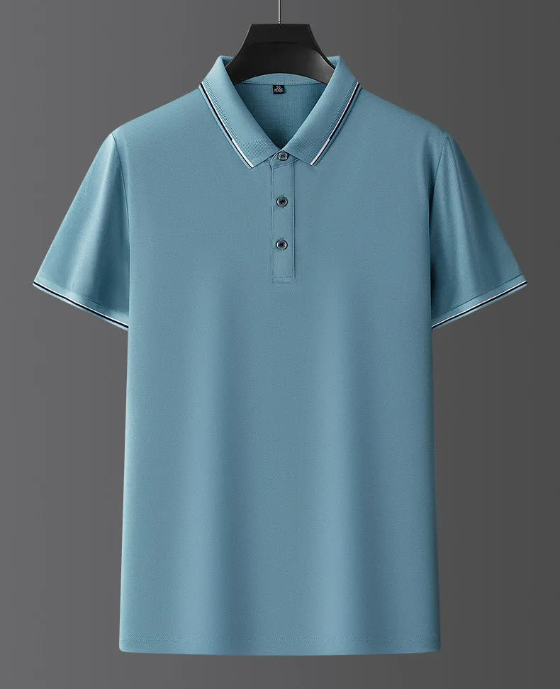 Men's mulberry silk short sleeve shirt in a solid colour on a hanger, showing regular fit and thin fabric for summer