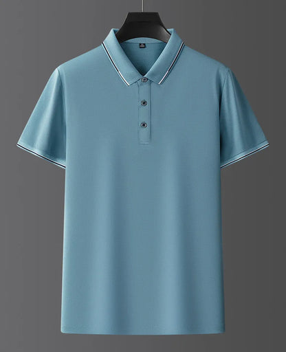 Men's mulberry silk short sleeve shirt in a solid colour on a hanger, showing regular fit and thin fabric for summer
