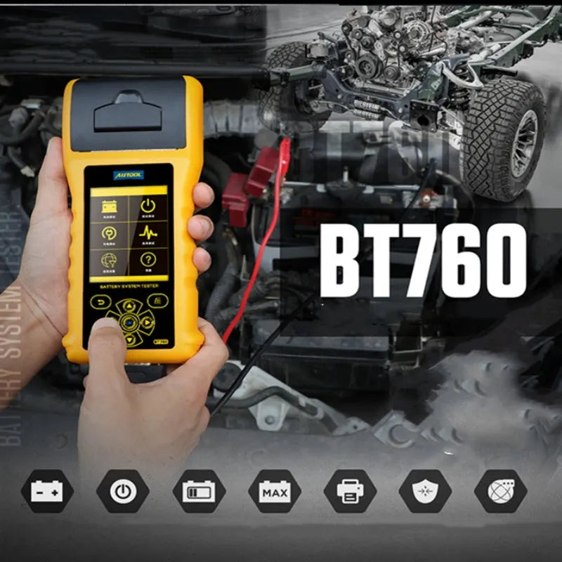 Autool BT760 vehicle battery tester with colour screen, test clips, and printed diagnostic receipt on a workshop bench.