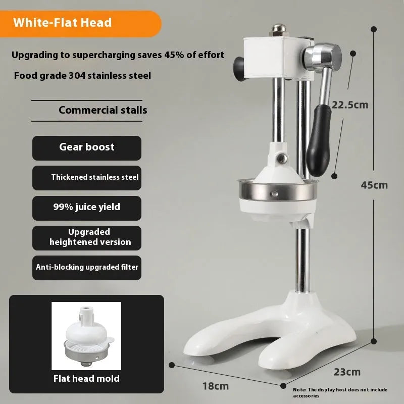 Vertical stainless steel manual juicer with zinc alloy handle in multiple colour and tip style combinations