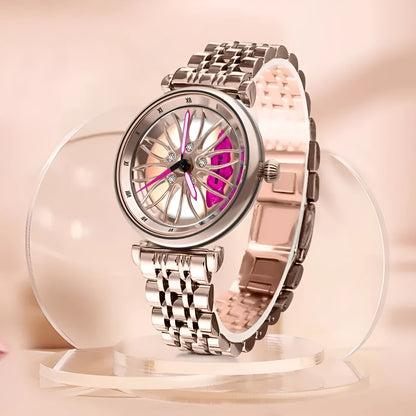 Women's waterproof quartz watch with steel belt, 11mm thick, in gold red, rose pink, or silver blue.