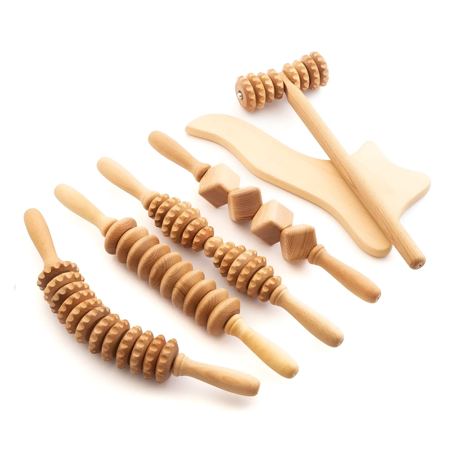 Wooden massage roller set with beechwood T-shaped roller, straight, curved and round massagers on a table.