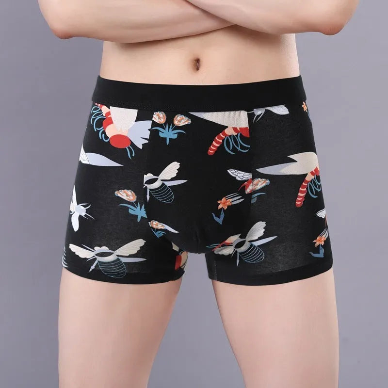 Men's cotton boxer shorts with floral print, showcasing the U-shaped convex design and mid-waist fit.