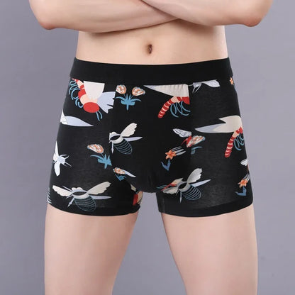 Men's cotton boxer shorts with floral print, showcasing the U-shaped convex design and mid-waist fit.