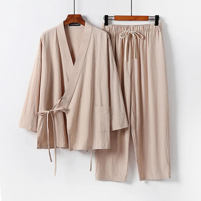 Cotton cardigan hanfu two-piece suit in five colours with shirt-style top and pants