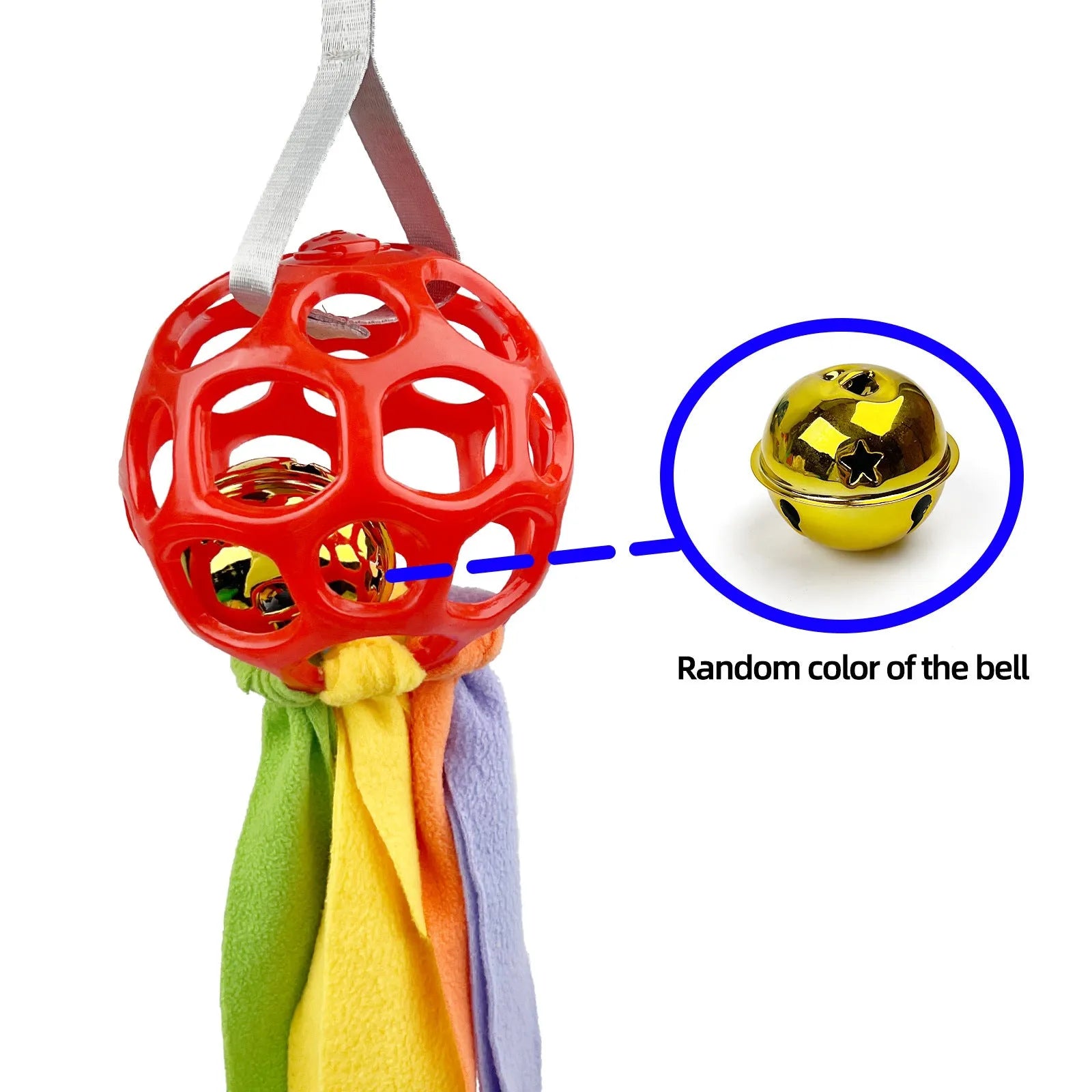 Colourful hollow TPR ball pet toy with a bell inside for dogs and cats.