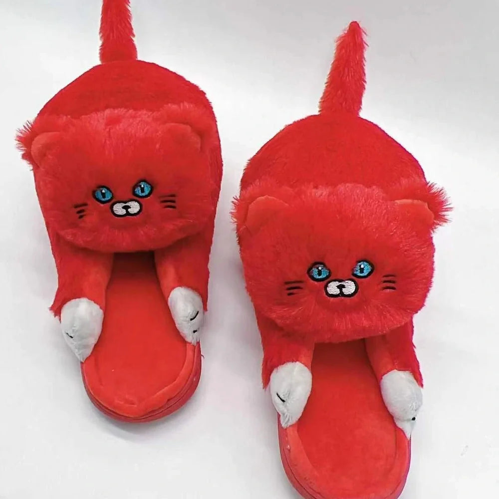 Blue cat pattern cotton slippers with 1.5cm heel and non-slip soles for UK sizes 35-43