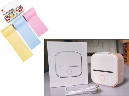 Compact Bluetooth-enabled thermal label printer in white, pink, and green colors with various label options