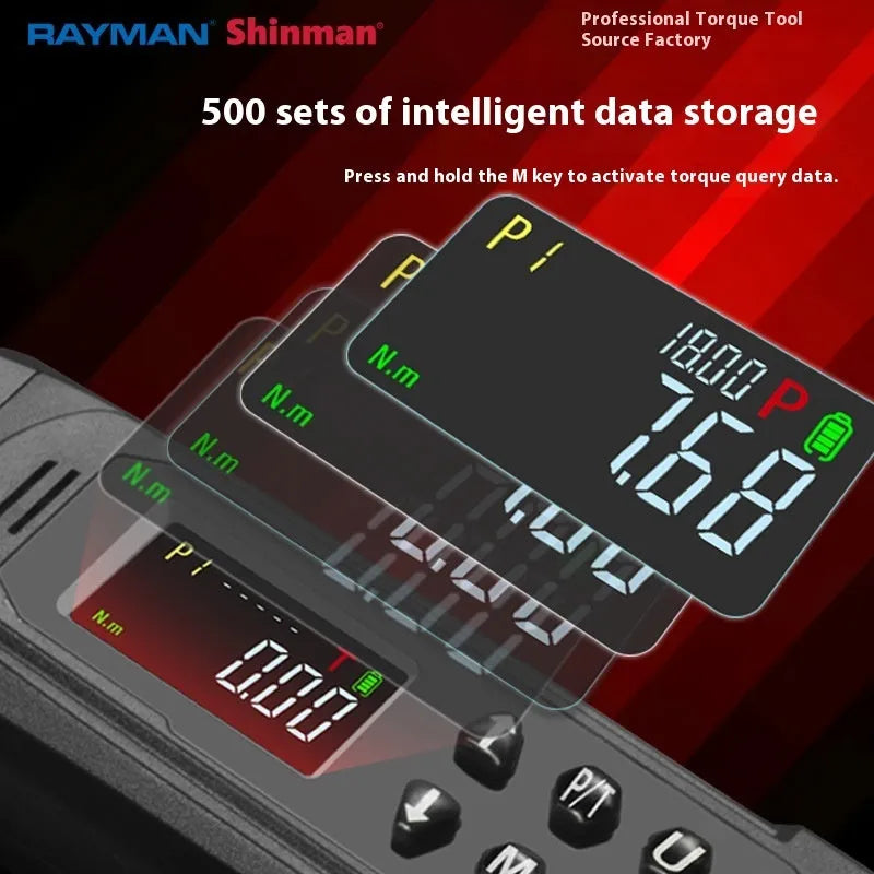 Electronic digital torque wrench with LCD screen showing torque reading, chrome-vanadium steel body