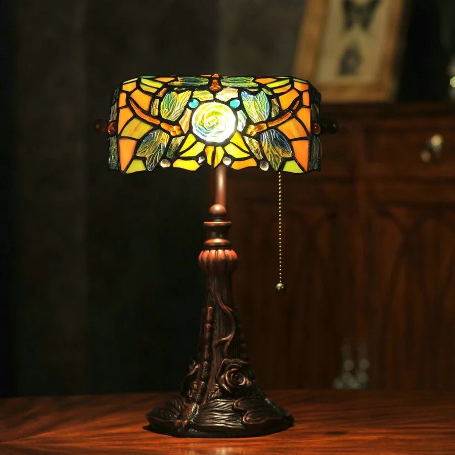 10-inch Tiffany table lamp with stained glass resin base, 25cm wide and 36cm high, on a desk