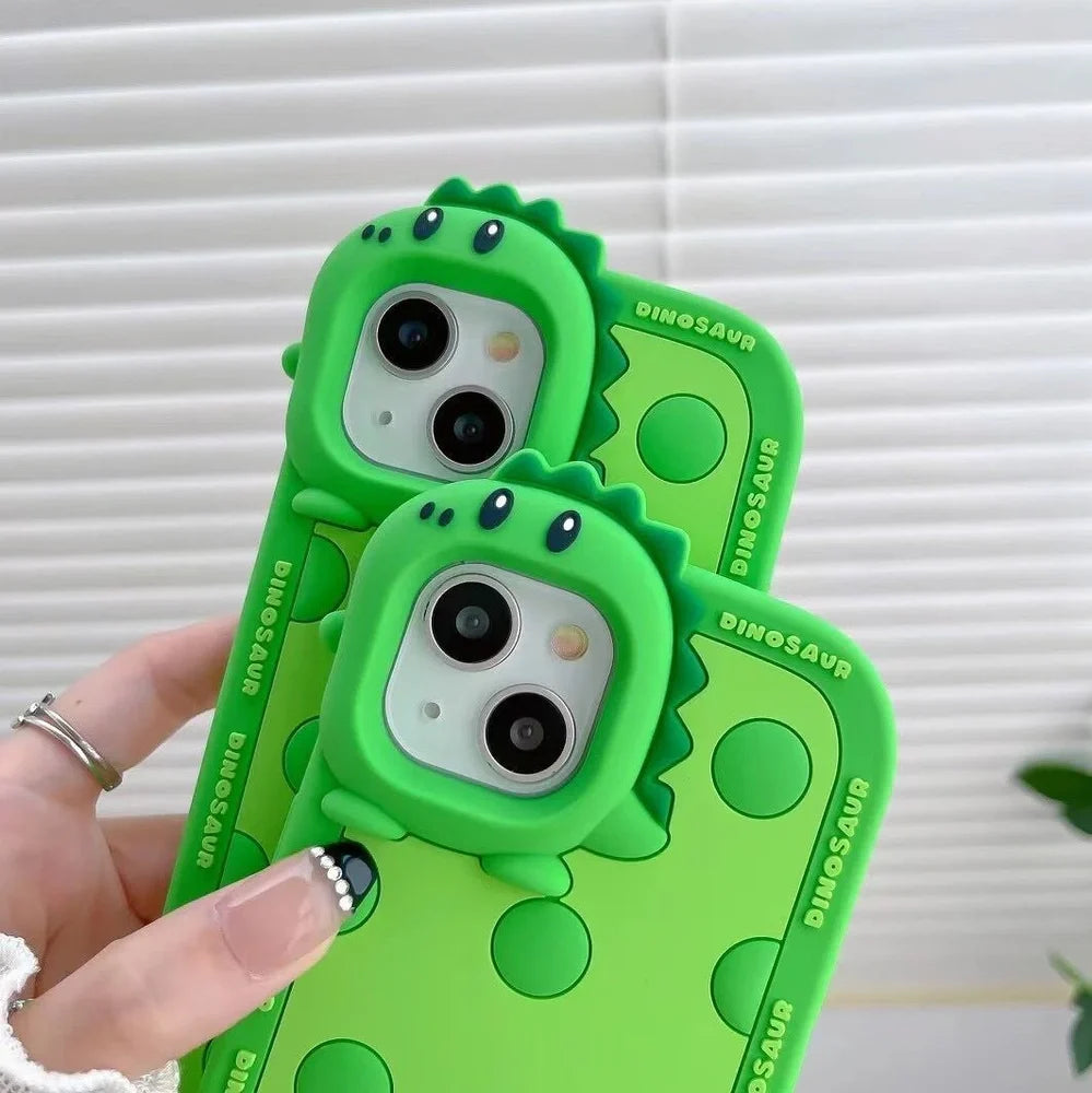 Green polka dot dinosaur pattern silicone phone case for iPhone with raised protective edges