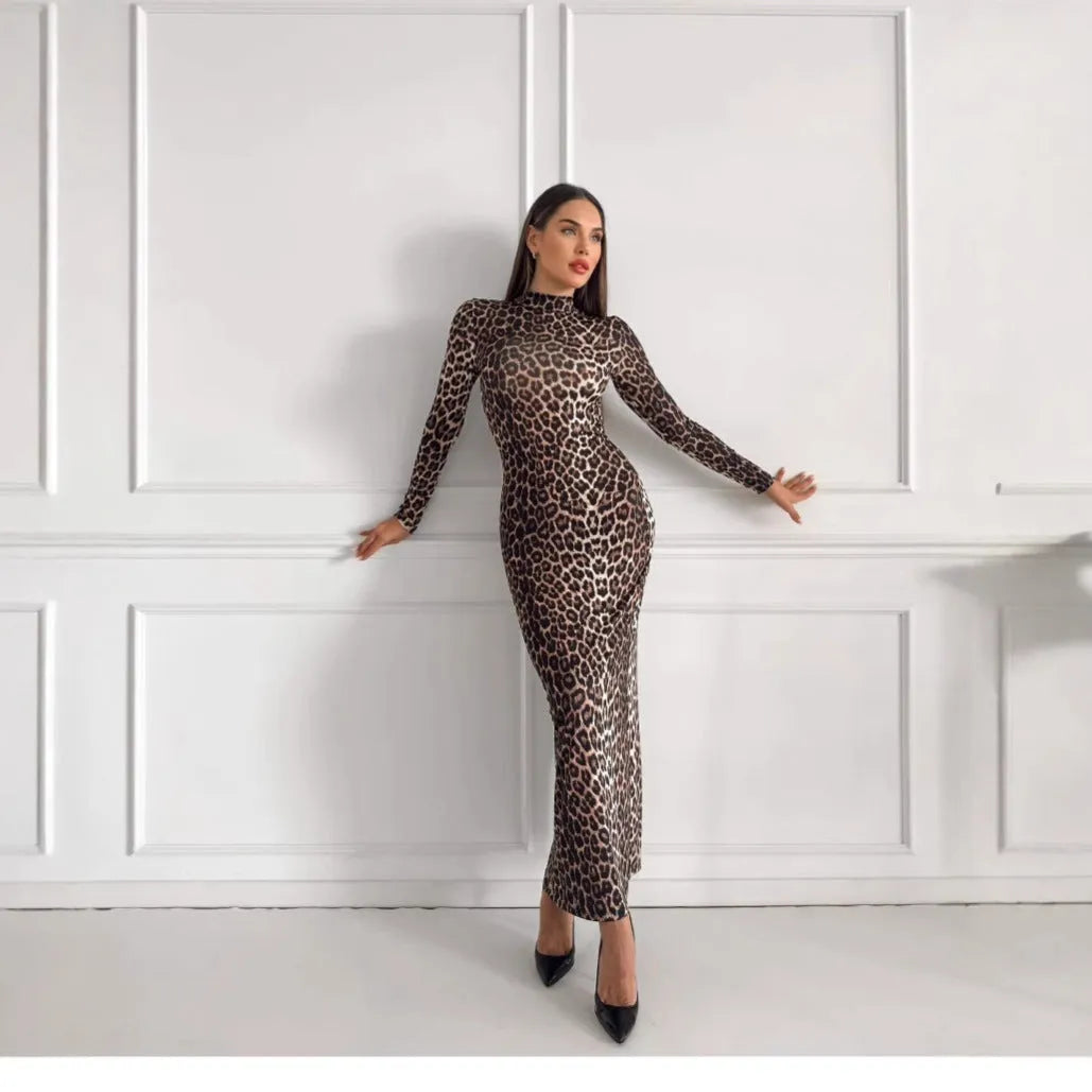 Leopard print dress with stand collar, long sleeves, and hip-hugging silhouette