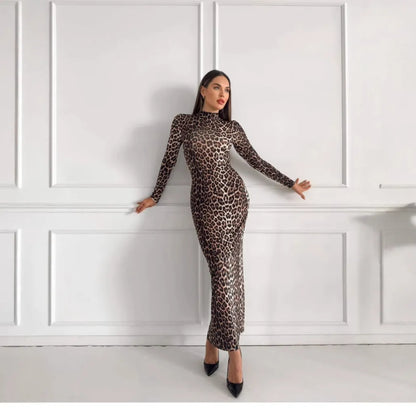 Leopard print dress with stand collar, long sleeves, and hip-hugging silhouette