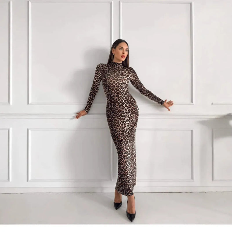 Leopard print dress with stand collar and long sleeves in milk silk polyester blend hip-hugging silhouette private clothing socialite style long skirt basic design S M L sizes available