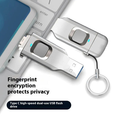 Black fingerprint encrypted USB flash drive showing USB 3.0 and Type-C interfaces on metal casing