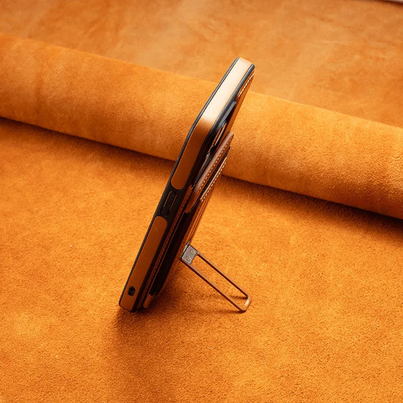 Magnetic card holder iPhone case in imitation leather with bracket, drop-resistant, shown in Black, Blue, Light Brown and Wine Red.