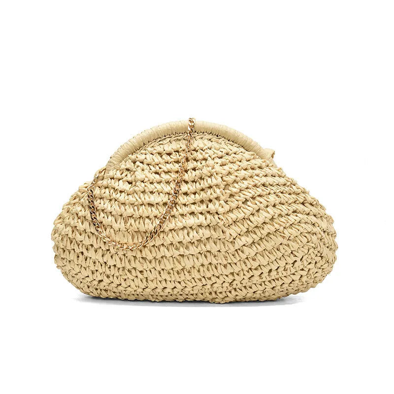 Women's straw beach shoulder bag with chain details in khaki colour