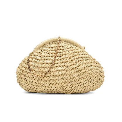 Women's straw beach shoulder bag with chain details in khaki colour
