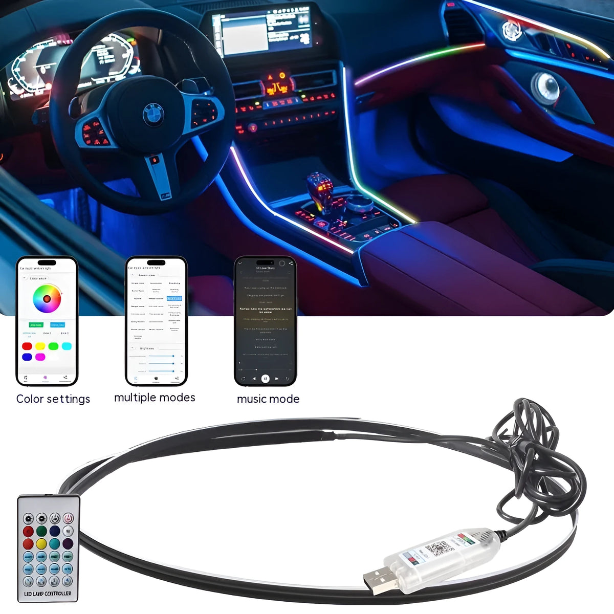 110cm long flexible LED car interior ambient lighting strip with remote control