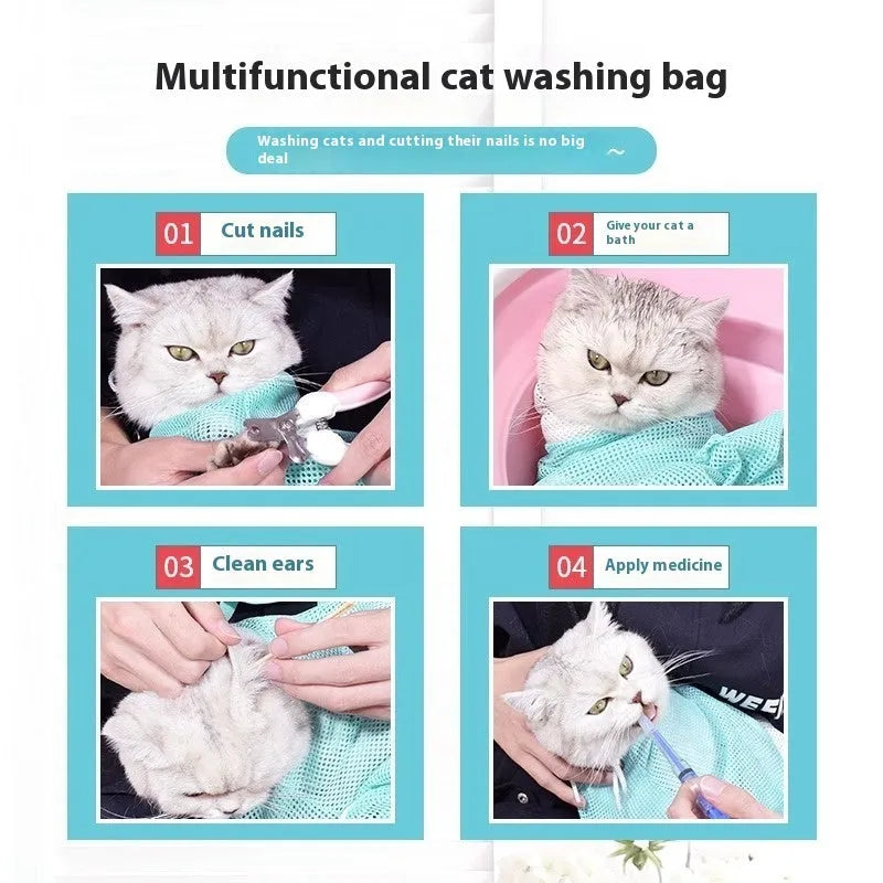 Upgraded fifth-generation cat grooming bag in grey and white, shown detachable and scratch-resistant.
