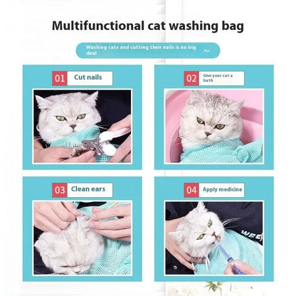 Upgraded fifth-generation cat grooming bag in grey and white, shown detachable and scratch-resistant.