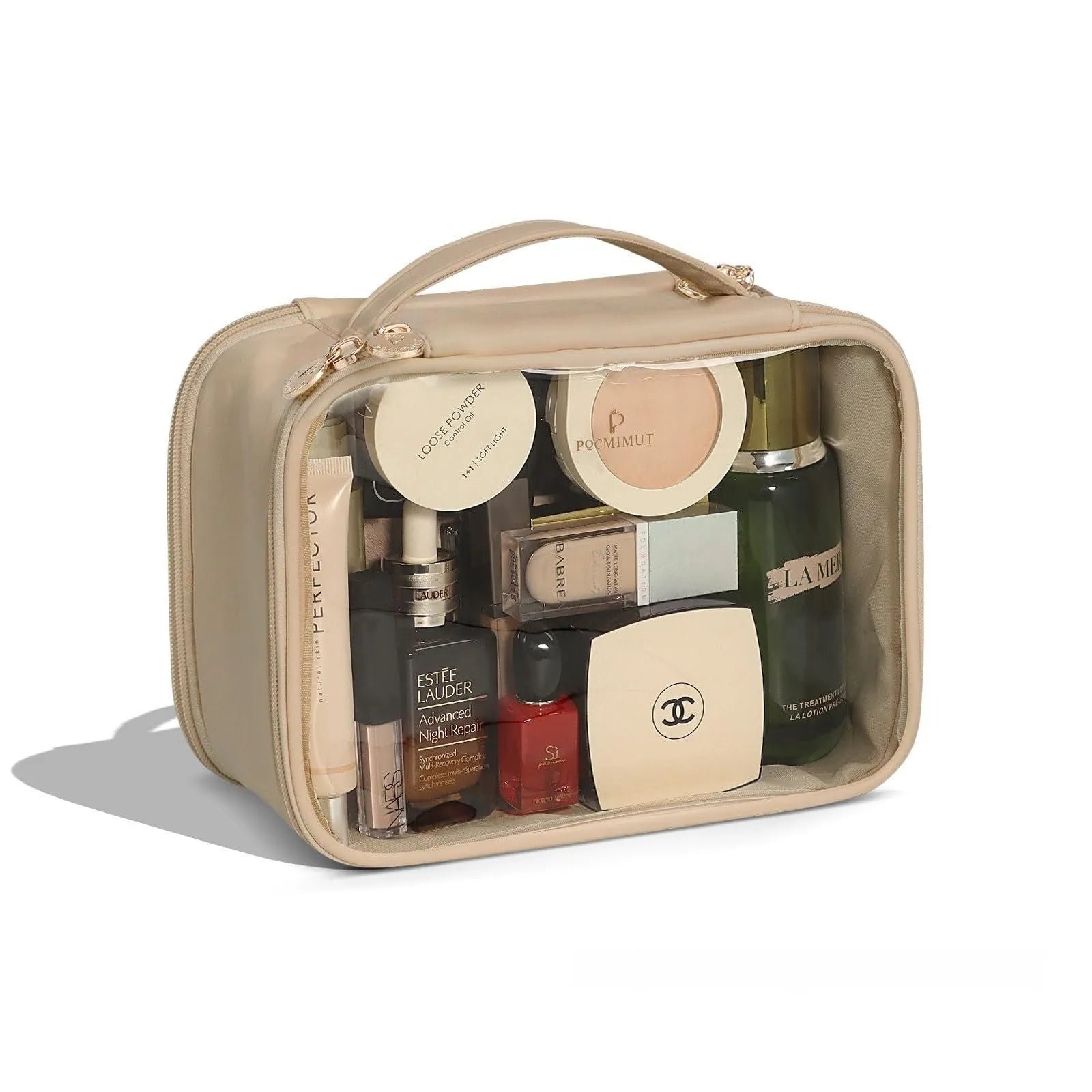 Transparent PVC leather cosmetic bag showing interior organisation with dry wet separation