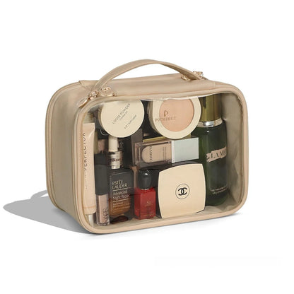 Transparent PVC leather cosmetic bag showing interior organisation with dry wet separation