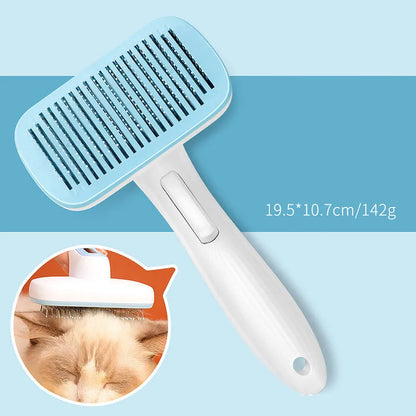 Blue automatic pet comb with one-click button for removing dog and cat hair on a table.