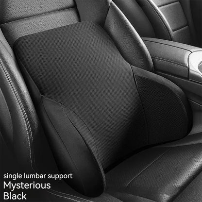 Memory foam car lumbar support pillow and matching headrest in knitted fabric with latex filler
