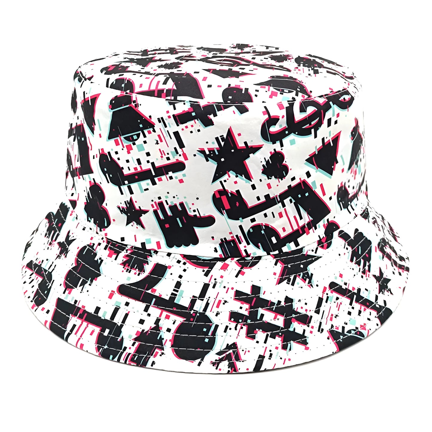 White bucket hat with black musical note pattern print, dome crown shape.