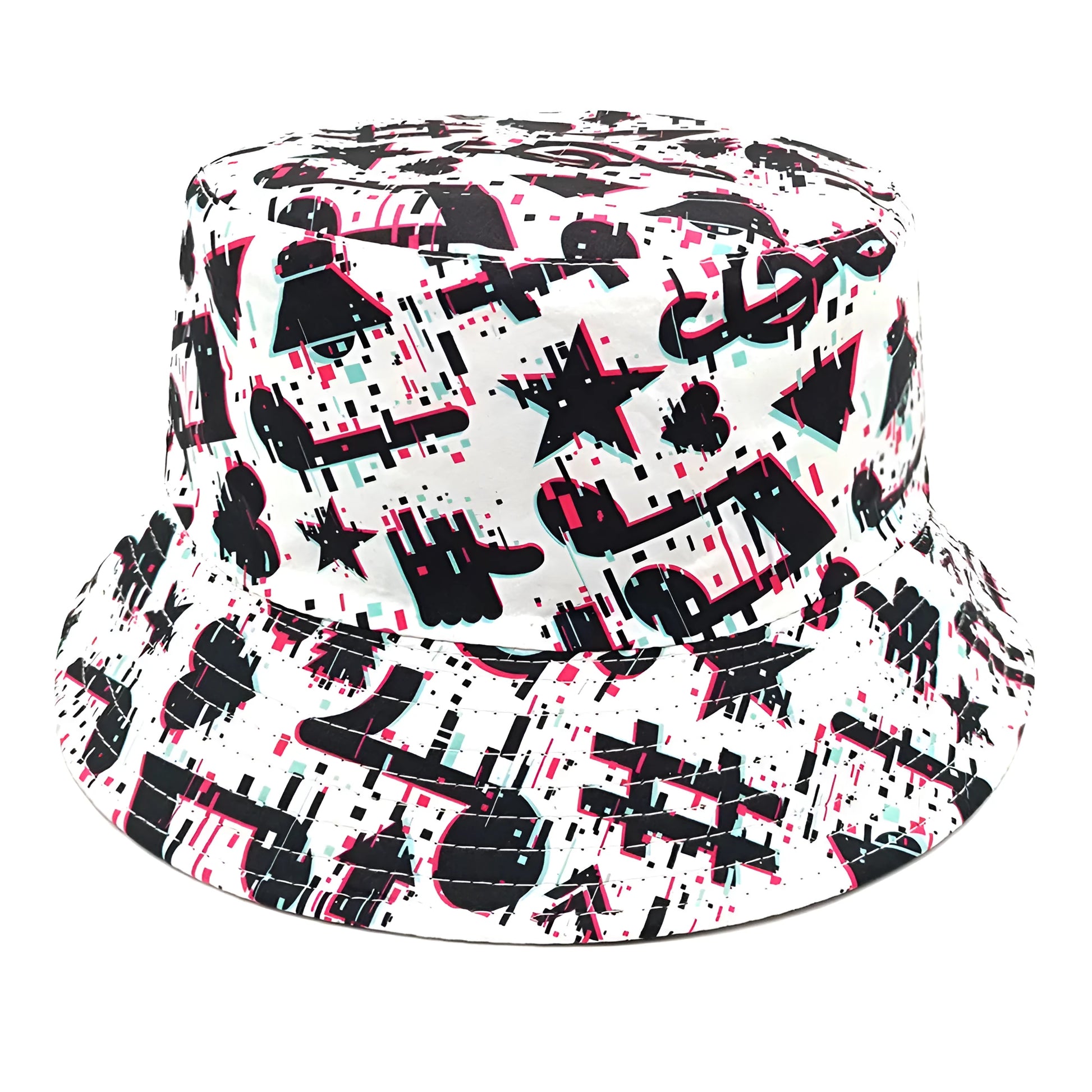 White bucket hat with black musical note pattern print, dome crown shape.