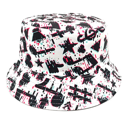 White bucket hat with black musical note pattern print, dome crown shape.