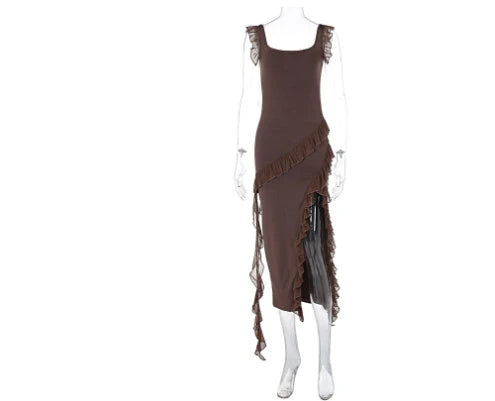 Stylish ruffled split-hem cocktail dress in a variety of colors, featuring a flattering silhouette and delicate spaghetti straps