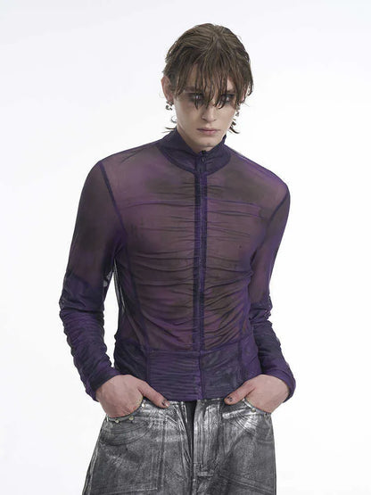 Man wearing a black grey long-sleeved T-shirt with a half turtleneck collar and mesh detail.