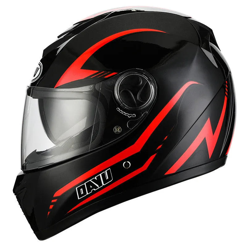 Black and red grain electric bicycle helmet with double lens visor for motorcycle commuting safety