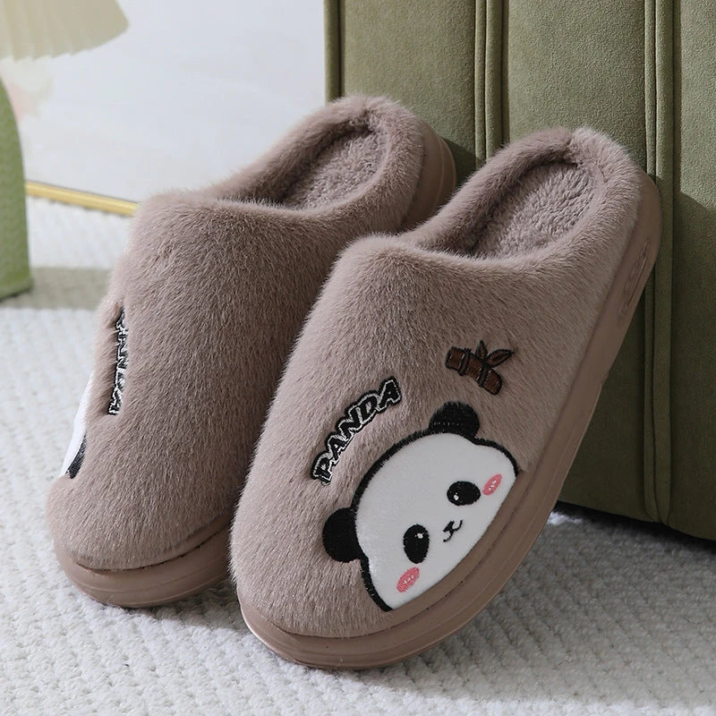 Cozy and stylish panda-themed plush slippers with a thick, cushioned sole for maximum comfort around the house