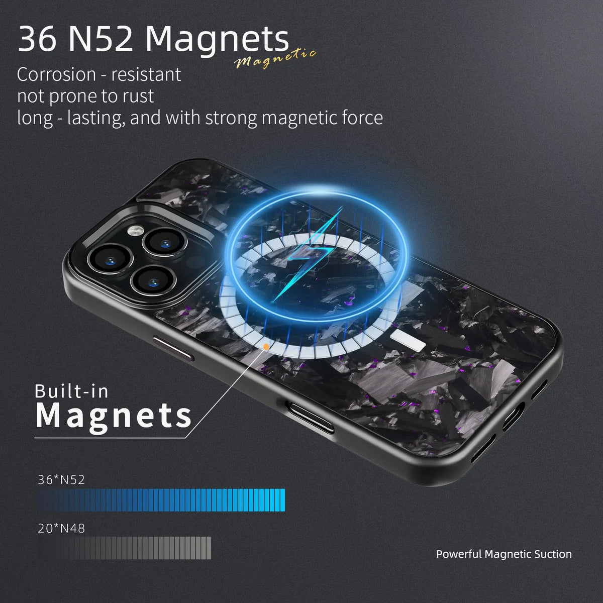 Metal frame forged pattern mobile phone protective shell in black with carbon fibre texture and magnetic function
