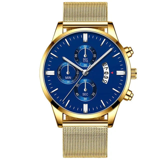 Men's stainless steel mesh band quartz watch with analog dial on a wrist.