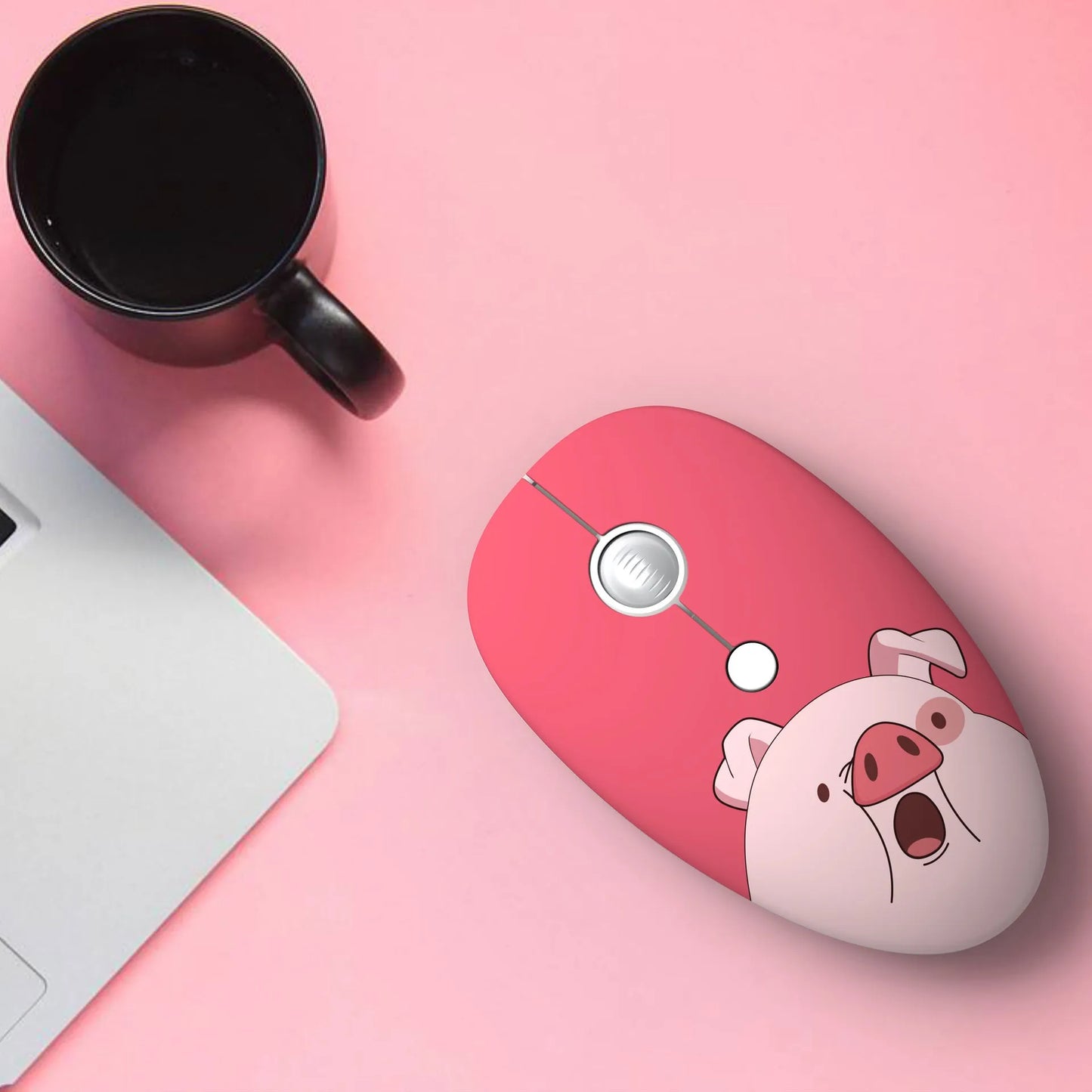 Wireless cartoon animal mini mouse showing compact dimensions and colourful design options including yellow tiger and blue rabbit variations