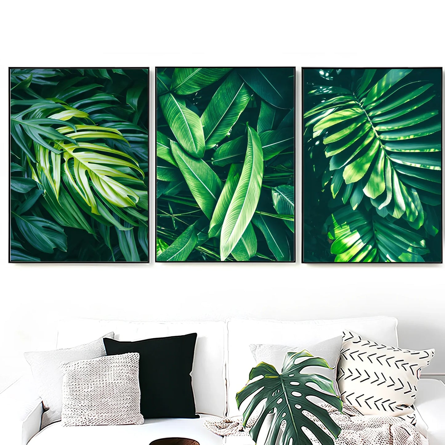 Frameless green plant canvas painting showing botanical pattern on chemical fibre canvas material
