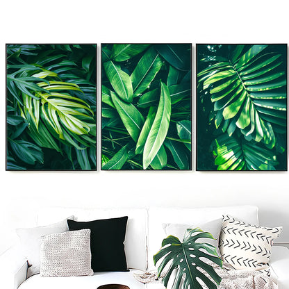 Frameless green plant canvas painting showing botanical pattern on chemical fibre canvas material